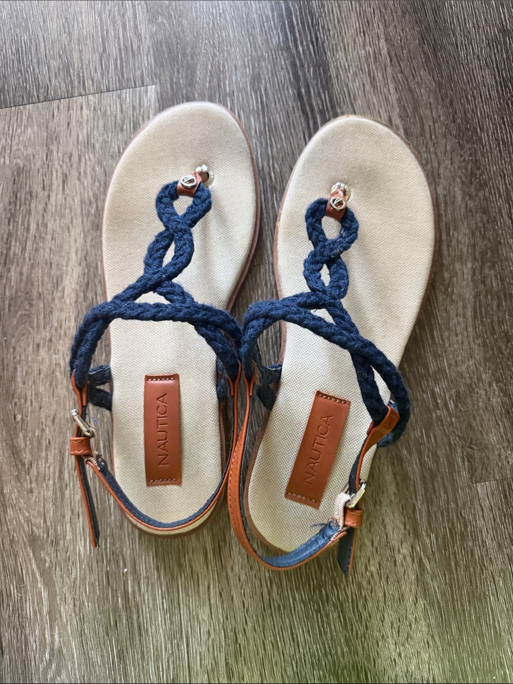 Nautica Navy Braided T-Strap Sandals with Tan Accents